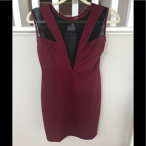 Burgundy and Black Mesh Bodycon Party Dress - Picture 4 of 5